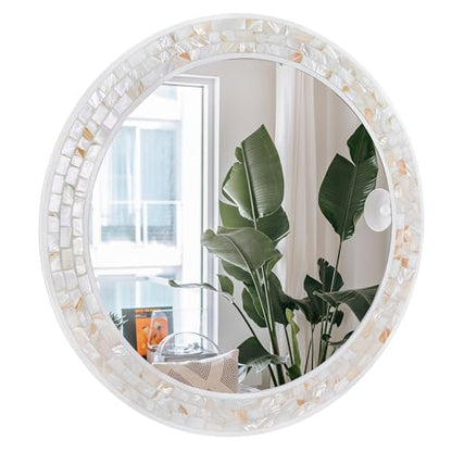 30 Inch Round Wall Mirror with White Frame for Bathroom Bedroom | Handcrafted Mother of Pearl Mosaic Inlay Frame, 3mm Tempered Glass, Coastal Seashell Decor - size: 30"L x 30"W