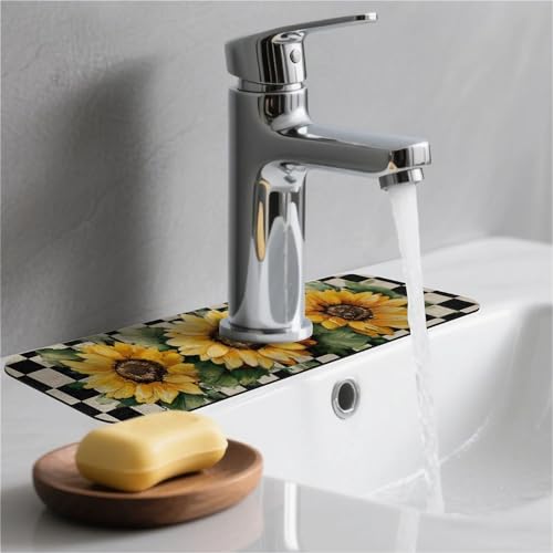 Kitchen Sink Splash Guard，Checkerboard Sunflower-1 Faucet Mat Sink Gadgets-Super Absorbent Fast Drying Mat Drip Catcher for Kitchen, Bathroom,Sink Mat, Dish Drying Mat, Bathroom(15" X 5.5" ) - color: Checkerboard Sunflower-1