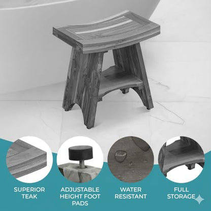 CoastalVogue 18 Inch Waterproof Teak Wood Shower Bench Stool Seat Chair For Inside Shower Provides Safety, Storage, and Organization For Bathroom Accessories Gray