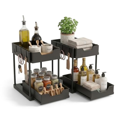 Set of 2 Under Sink Organizer, 2-Tier Black Plastic Storage Rack | Sliding Drawer, For Kitchen and Bathroom