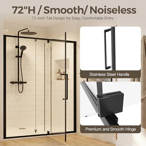 56-60" W x 72" H Semi-Frameless Pivot Swing Shower Doors | 1/4" (6mm) Clear SGCC Tempered Glass with a 24.8" walk-in opening, Matte Black Finish, Reversible, Magnetic Closing - color: Matte Black, size: 56"- 60"