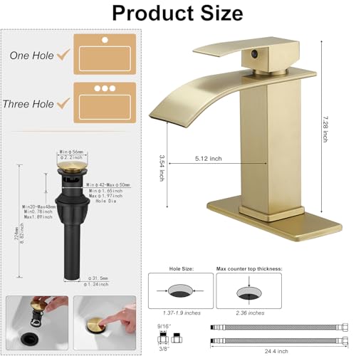 Bathroom Sink Faucet Waterfall Single Handle with Deck Plate | Brushed Gold,Pop Up Drain,Single Hole,Precise Water Adjustment,Rust-resistant Construction,Easy to Clean,Long-lasting Use - color: Brushed Gold, size: Modern Bathroom Sink Faucet