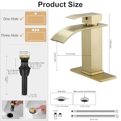 Bathroom Sink Faucet Waterfall Single Handle with Deck Plate | Brushed Gold,Pop Up Drain,Single Hole,Precise Water Adjustment,Rust-resistant Construction,Easy to Clean,Long-lasting Use - color: Brushed Gold, size: Modern Bathroom Sink Faucet