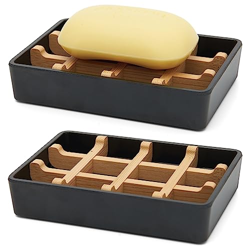 Bamboo Soap Dishes for Shower with Drainage Wooden Soap Bar Holder for Bathroom Soap Tray Easy to Clean, Durable and with Non-Slip Pads(Single Black Square) - color: Single Black Square