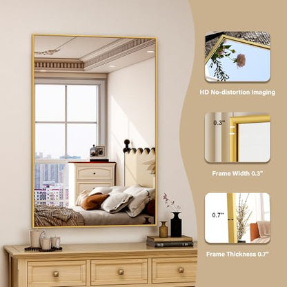 HARRITPURE 24"x36" Rectangle Bathroom Mirror, Gold Vanity Wall Mirror | Aluminum Alloy Frame Wall Mirror, Horizontal or Vertical Wall Mount for Entryway Bedroom Living Room - size: 36"L x 24"W