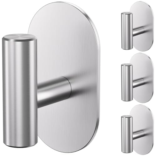 Aikzik Silver Adhesive Hooks Heavy Duty-Max 26lb, Wall Hooks for Shower, Bathroom, Towel, Coat, Robe, Stainless Steel Hooks for Hanging, Sticky Hooks for Walls No Damage- 4 Pack - color: Silver