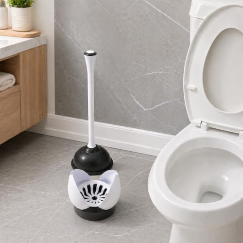 Toilet Plunger with Caddy, Heavy Duty Suction Cup, 19.5 Inch, Compact Holder for Bathroom Cleaning, White