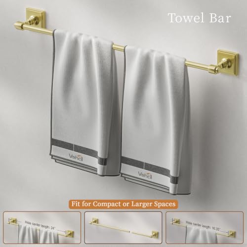 VEHCIL Brushed Gold Bathroom Towel Bar Set, 5 Piece Bathroom Hardware Accessory Set, SUS304 Stainless Steel 24" Towel Rack Holder Set for Bathroom, Wall Mounted - color: Brushed Gold