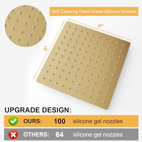 8 In Rain Shower Head High Pressure Rainfall Shower Head Brushed Gold | Square Rain Bathroom Showerhead, High Flow, Large Stainless Steel, Ceiling Mounted, Wall Mounted, Waterfall Full Body - color: Brushed Gold, size: 8 Inch