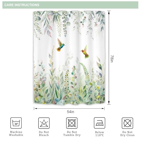 Sage Green Eucalyptus Spring Hummingbird Plants Bathroom Shower Curtain Set | 54"W x 78"H Botanical Leaves; waterproof HD print, quick-dry fabric with 12 free hooks for easy hanging. - color: A-sage Green, size: 54"W x 78"L (Pack of 1)