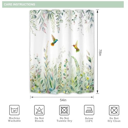 Sage Green Eucalyptus Spring Hummingbird Plants Bathroom Shower Curtain Set | 54"W x 78"H Botanical Leaves; waterproof HD print, quick-dry fabric with 12 free hooks for easy hanging. - color: A-sage Green, size: 54"W x 78"L (Pack of 1)