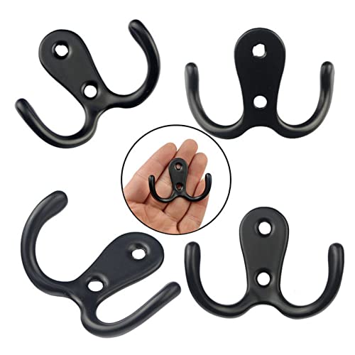 2 Pcs Double Prong Robe Hooks, Dual Coat Hooks Wall Mounted Hanging Clothes for Bathroom Bedroom Door Wall Retro Metal Cloth Hanger Double Coat Hooks with 4 Screws (Black) - color: Black