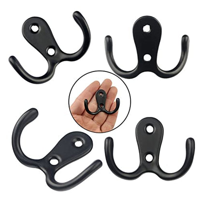 2 Pcs Double Prong Robe Hooks, Dual Coat Hooks Wall Mounted Hanging Clothes for Bathroom Bedroom Door Wall Retro Metal Cloth Hanger Double Coat Hooks with 4 Screws (Black) - color: Black