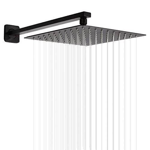 Rain Shower Head Black with Extension Arm 10 Inch Square Shower Head with 16 Inch Shower Arm Large Stainless Steel Rainfall Showerhead Matte Black Waterfall Full Body Coverage - color: Black, size: 10inch