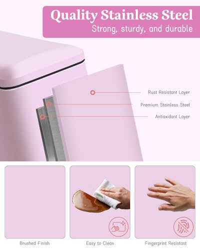Bathroom Trash Can, Small Trash Can with Lid, Pink Cute Trashcan | 1.3 Gal, Trash Can with Removable Inner Bucket, Soft Close lid, Stainless Steel Step Pedal Garbage Can for Bathroom, Bedroom - color: Pink
