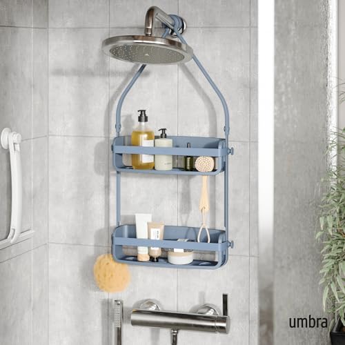 Umbra Flex Shower Caddy, Hanging 2 Shelves Bathroom Organizer, Slate Blue | Flexible silicone bands, drainage system, mold resistant, bottle collars, overhead mount