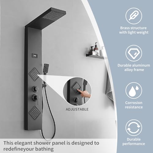 Shower Panel Shower Tower System, Stainless Steel with Massage Body Jets Adjustable, Stand Shower Column Wall Mount, Black