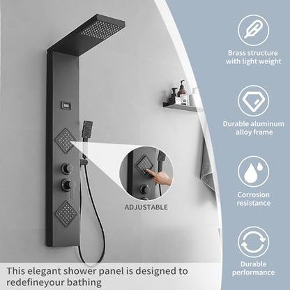 Shower Panel Shower Tower System, Stainless Steel with Massage Body Jets Adjustable, Stand Shower Column Wall Mount, Black