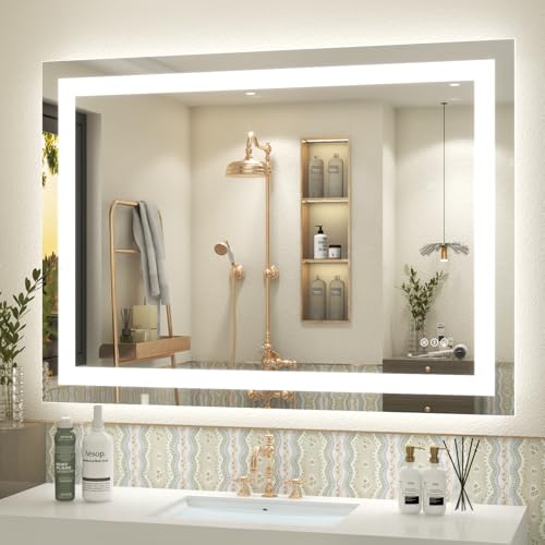 40x30 LED Lighted Bathroom Mirror for Vanity Wall | Front Light and Backlit, Anti-Fog, Memory, 3 Color, Tempered Glass, Dimmable, Rectangular, UL, Horizontal/ Vertical Mounted - color: Rectangular Led Bathroom Mirror, size: 40"L x 30"W