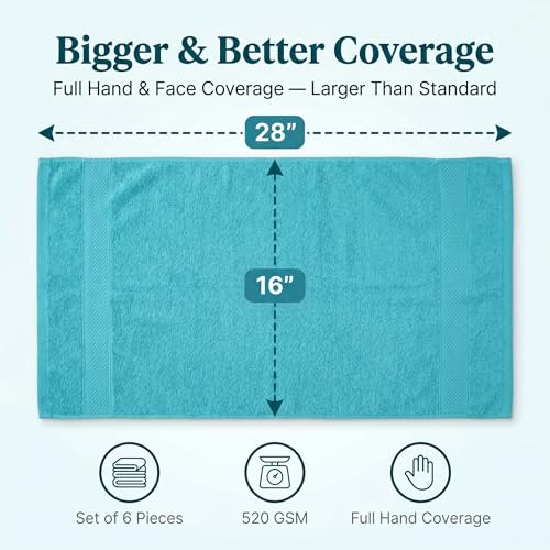 Sofea Hand Towels 6 Pack (16 x 28 Inches) 100% Cotton Bathroom Towels, Soft Absorbent Quick Dry Hand Towels for Bathroom Kitchen - color: Aqua Green