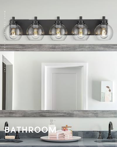 5-Light Matte Black Bathroom Vanity Light, Clear Glass Globe Shade | 32" modern bathroom light fixtures over mirror, E26 base, bulbs not included, VL195-MB-CL-5 - color: Black, Clear Glass, size: 5-light