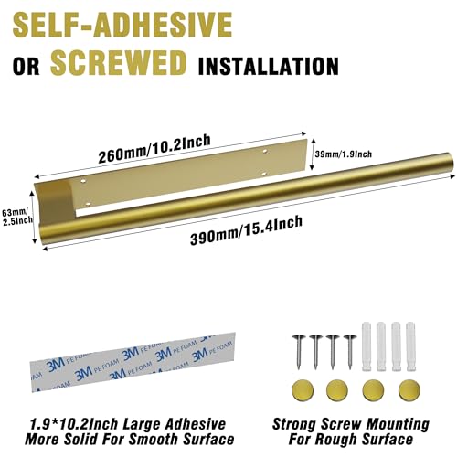 Hand Towel Holder, Adhesive or Drill Wall Mount, Gold | 15 Inch Hand Towel Bar, 304 Stainless Steel, Rustproof, Stick on Towel Racks for Bathroom, Kitchen, RV - color: Gold