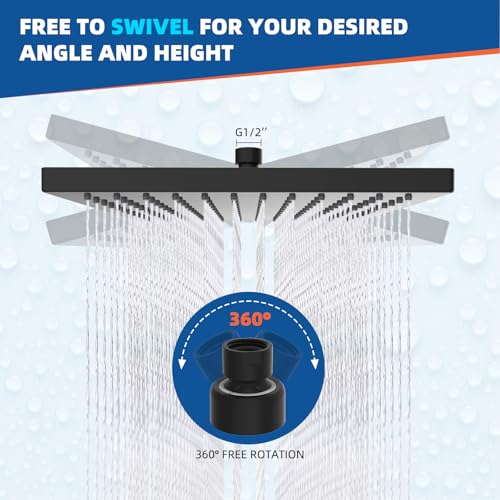 Hibbent cUPC Certified High Pressure 10'' Rain Shower Head, Matte Black | Metal Square Bathroom Waterfall Thickness Shower Heads, High-flow Fixed Rainfall Showerheads, Adjustable Brass Ball Joint - color: Matte Black, style: Square 10''