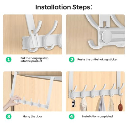 2 Pack Over The Door Hooks - NO NAIL over door hanger holder,NO ASSEMBLY REQUIRED large over the door towel rack with 12 hooks, heavy duty hooks for bathroom,bedroom,hanging towels,coats (White)