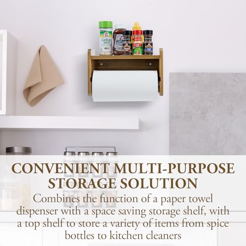 MyGift Acacia Wood Paper Towel Holder with Shelf, Wall Mounted Rack | Top shelf stores spices, oils, and kitchen essentials while the lower bar provides convenient roll access to save space - color: Premium Acacia Wood