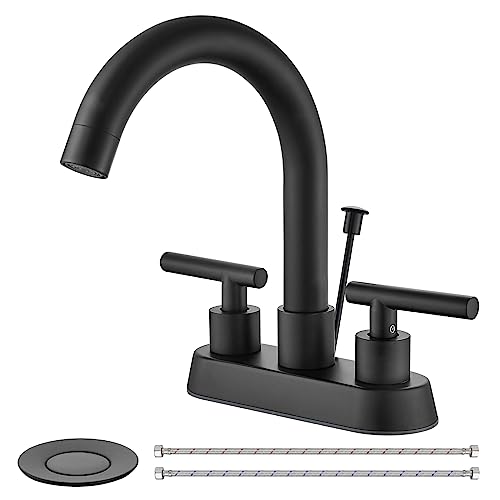 Bathroom Faucet with Lift Rod Drain,4 Inch Centerset 3 Hole,Matte Black | Two Handle Lead-Free SUS304 Stainless Steel Bathroom Sink Faucet with Lift Rod Drain & Supply Lines for RV & Farmhouse - color: Matte Black