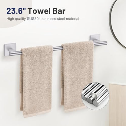 Lairuier Brushed Nickel Bathroom Accessories, Towel Bar Set Wall Mounted | 5 Pieces Bathroom Hardware Set, SUS304 Stainless Steel Double Base 23.6" Towel Bar, Towel Ring, Toilet Paper Holder & Hooks - color: Brushed Nickel, size: 5 Pieces - Double Base