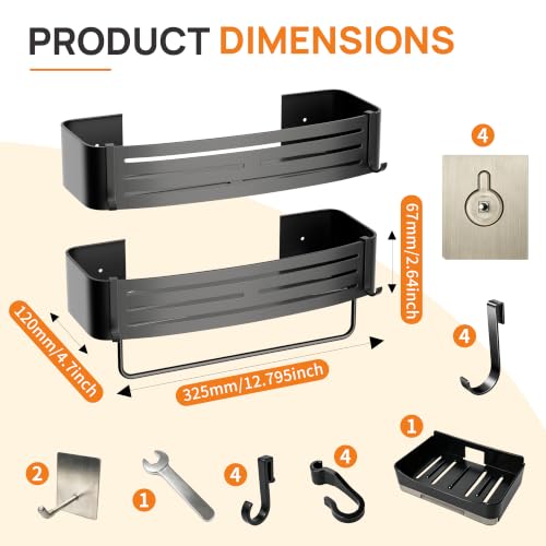 Black Adhesive Square Shower Caddy with Towel Bar, Soap Holder and Hooks | Adhesive black shower basket with towel bar, soap holder and hooks for smooth tile, glass, stainless steel and bathroom walls - color: Black