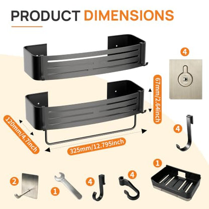 Black Adhesive Square Shower Caddy with Towel Bar, Soap Holder and Hooks | Adhesive black shower basket with towel bar, soap holder and hooks for smooth tile, glass, stainless steel and bathroom walls - color: Black
