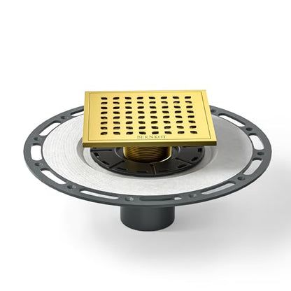 Square Shower Drain w/PVC Bonding Flange Base, 6" Gold | 304 Stainless Steel Drain w/ Drain Key for Low Profile Shower Tiles, CUPC Certified - color: Polished Gold6"