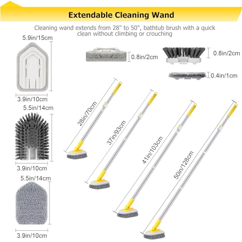 Bathtub Cleaning Brush Long Handle, Shower Bathroom Cleaner Brush Scrubber | 3 Different Detachable Scrub Brush Replacement Head for Scrubing Bathroom Floors, Tubs, Tiles, and Kitchen Walls - color: Yellow