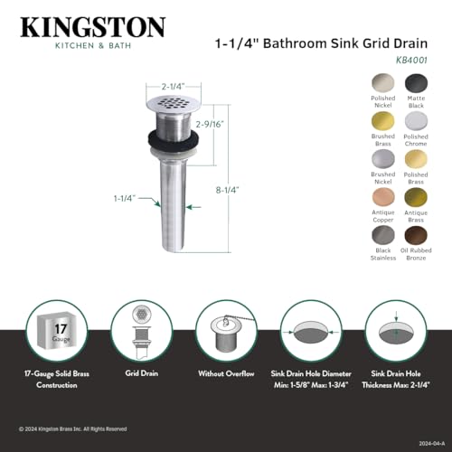 Kingston Brass KB4007 Fauceture Grid Drain without Overflow, Brushed Brass, 8.25 x 2.25 x 2.25