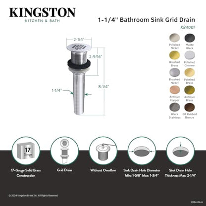 Kingston Brass KB4007 Fauceture Grid Drain without Overflow, Brushed Brass, 8.25 x 2.25 x 2.25