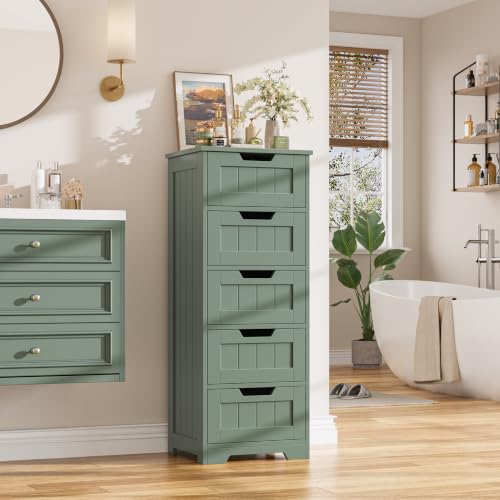 FOTOSOK Bathroom Cabinet, Bathroom Storage Cabinet with 5 Drawers, Green | Narrow Bathroom Storage with Cut-Out Handles, 11.8” x 15.7” x 40.1”, Slim & Small Floor Cabinet for Laundry/Hallway - color: Green