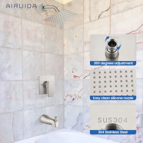 Airuida 6 Inch Shower Faucet Set,Bathtub Faucet Kit,Brushed Nickel | Shower Tub Faucet Set,Male Threads Rough-In Valve,Square Head Shower System - color: Nickel, size: 6 Inch