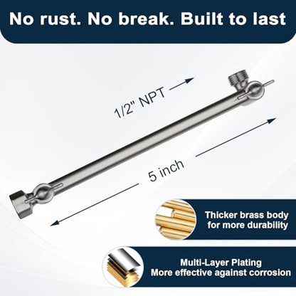 BRIGHT SHOWERS Brass Shower Head Extension Arm for Rain and Handheld Shower Head, 10 Inch Universal Shower Arm Extender, Height & Angle Adjustable, Brushed Nickel - color: Brushed Nickel, style: 10 Inch