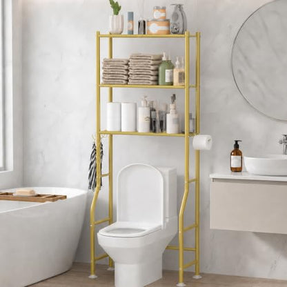 GloTika 3-Tier Over Toilet Storage, Anti-Tilt, 64" H, Gold | Anti-Tilt Safety System, 150lb Capacity, Carbon Steel, Freestanding, No Drilling, Anti-Rust Coating, Paper Holder & 4 Hooks - color: Gold, size: 3-Tier