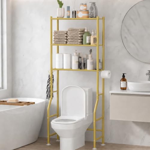 GloTika 3-Tier Over Toilet Storage, Anti-Tilt, 64" H, Gold | Anti-Tilt Safety System, 150lb Capacity, Carbon Steel, Freestanding, No Drilling, Anti-Rust Coating, Paper Holder & 4 Hooks - color: Gold, size: 3-Tier