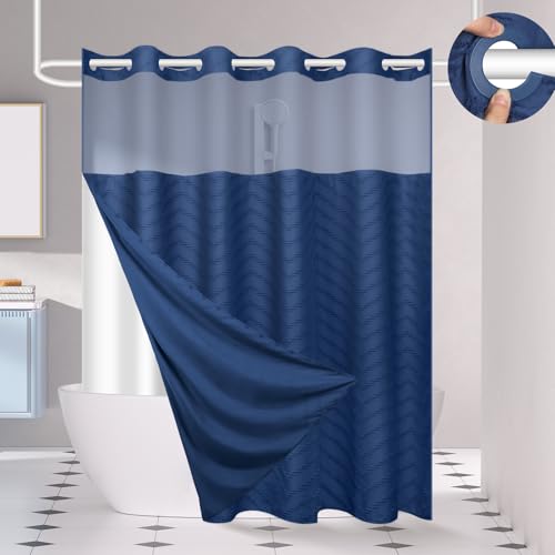 FADOTY Blue No Hook Shower Curtain Set with Snap in Liner, 71'' x 86'' | Bathroom Hotel Fabric Curtain, Waterproof Washable Liner, See Through Top Window, Ringless Chevron Tufted Cloth Curtain - color: Blue, size: 71"W x 86"L (Pack of 1)
