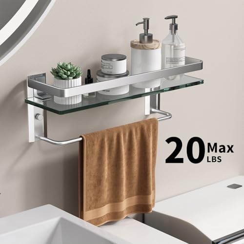 Bathroom Wall Shelf with Towel Bar, Clear Tempered Glass, Hand Towel Holder (Matte Silver) - color: Silver, size: Shelf with Towel Bar