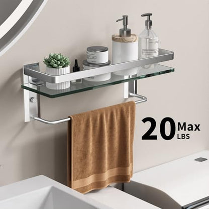 Bathroom Wall Shelf with Towel Bar, Clear Tempered Glass, Hand Towel Holder (Matte Silver) - color: Silver, size: Shelf with Towel Bar
