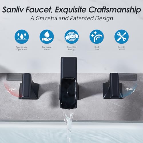 Black Waterfall Bathroom Faucet, Sanliv 3-Piece Widespread Bathroom Faucet for 3-Hole Sinks 4-8 inch, Modern 2-Handle Vanity Faucet with Pop-Up Drain, Matte Black - color: Matte Black