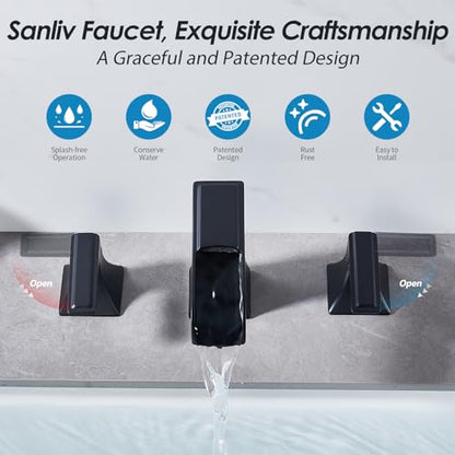 Black Waterfall Bathroom Faucet, Sanliv 3-Piece Widespread Bathroom Faucet for 3-Hole Sinks 4-8 inch, Modern 2-Handle Vanity Faucet with Pop-Up Drain, Matte Black - color: Matte Black