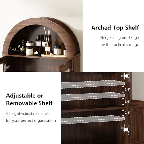 RUSTOWN Arched Bathroom Wall Cabinet with 2 Glass & Rattan Doors | Rattan Medicine Cabinet, Farmhouse Over the Toilet Storage Cabinet, Adjustable Shelves, 3-Tier Wall Mounted Cabinets - color: Walnut