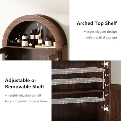 RUSTOWN Arched Bathroom Wall Cabinet with 2 Glass & Rattan Doors | Rattan Medicine Cabinet, Farmhouse Over the Toilet Storage Cabinet, Adjustable Shelves, 3-Tier Wall Mounted Cabinets - color: Walnut