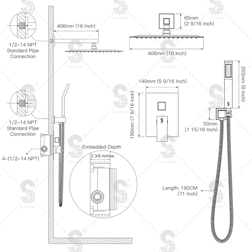 SR SUN RISE Polished Chrome Square Rainfall Shower Head and Handle Set, Wall Mounted Shower Fixtures, Metal Shower Faucet Trim Repair Kits (With Shower Valve) 16 Inches - color: Polished Chrome, size: 16 Inch